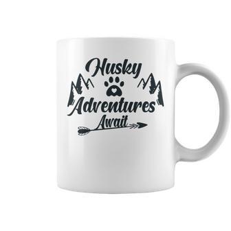 Husky Adventure Await Siberian Husky Adventures Hiking With Huskies Gift For Husky Lover V2 Coffee Mug | Favorety CA