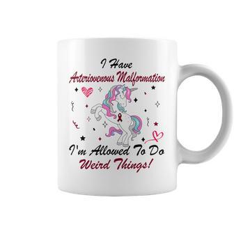 I Have Arteriovenous Malformation Im Allowed To Do Weird Things Funny Unicorn Burgundy Ribbon Arteriovenous Malformation Support Arteriovenous Malformation Awareness Coffee Mug | Favorety DE