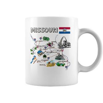 Map Of Missouri Landmarks Major Cities Roads Flag Coffee Mug | Mazezy
