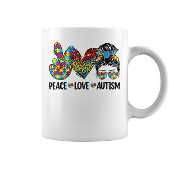 Peace Love Autism Mom Life Messy Bun Blue Autism Awareness Coffee Mug | Favorety