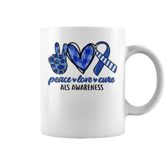 Peace Love Cure Blue & White Ribbon Als Awareness Month V2 Coffee Mug - Seseable