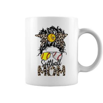 Softball Mom Messy Bun Leopard Glasses Bandana Mothers Day Coffee Mug | Favorety