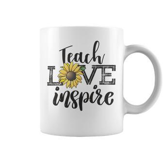 Teach Love Inspire Sunflower Teacher Inspirational Quotes Cute Lettering Coffee Mug | Favorety