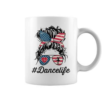 Womens Dance Life Mom Messy Bun American Us Flag 4Th Of July Coffee Mug - Seseable