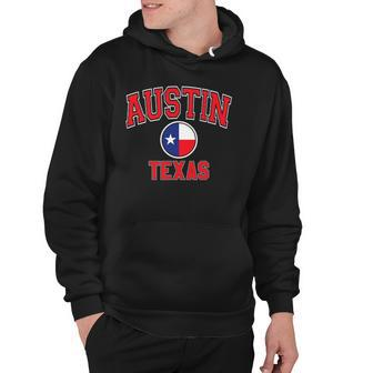 Austin Tx Varsity Style Texas Flag Red Text Hoodie | Mazezy