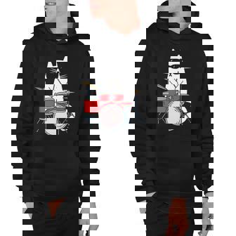 Funny Cat Wearing Sunglasses Playing Drums Drum Kit Musician Hoodie | Mazezy