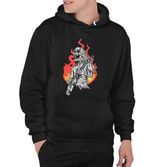Skeleton Playing Electric Guitar Flames Rock Music Hoodie | Mazezy