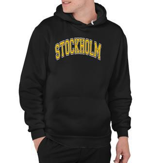 Stockholm Sweden Varsity Style Yellow Text Hoodie - Thegiftio UK