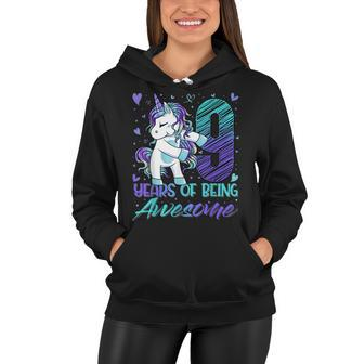 9Th Birthday 9 Year Old Girl Flossing Unicorn Party Women Hoodie - Seseable