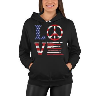 Funny Patriotic 4Th Of July Love American Flag Peace Sign Women Hoodie - Seseable