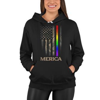 Lgbt Pride Rainbow Line Merica 4Th Of July Camo Us Flag Women Hoodie - Seseable