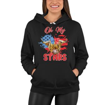 Patriotic Highland Cow Oh My Stars 4Th Of July American Flag Women Hoodie - Seseable