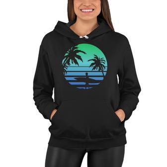 Retro Water Sport Surfboard Palm Tree Sea Tropical Surfing Women Hoodie | Mazezy