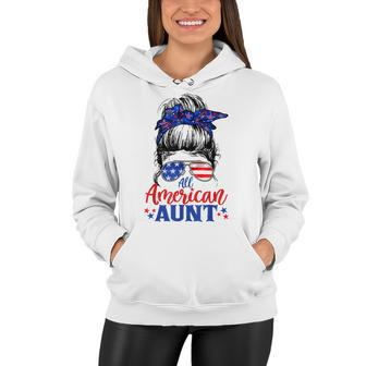 4Th Of July All American Aunt Messy Bun Patriotic Usa Flag Women Hoodie - Seseable