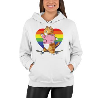 Cute Orange Tabby Cat Skateboarder Rainbow Heart Skater Women Hoodie | Mazezy