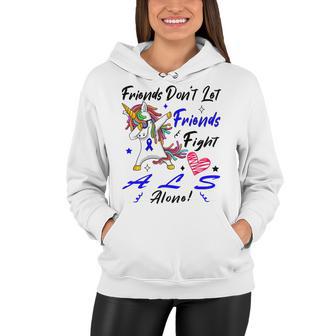 Friends Dont Let Friends Fight Als Alone Unicorn Blue Ribbon Amyotrophic Lateral Sclerosis Support Als Awareness Women Hoodie | Favorety AU