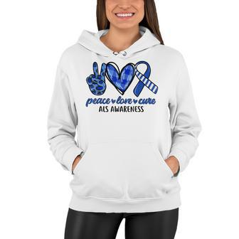 Peace Love Cure Blue & White Ribbon Als Awareness Month V2 Women Hoodie - Seseable