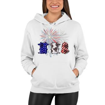 Red White Blue Cow Fireworks Patriotic 4Th Of July Women Hoodie - Seseable