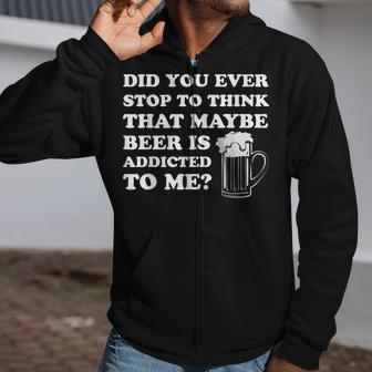 Mens St Patricks Day Maybe Beer Is Addicted To Me Funny Drink Zip Up Hoodie | Mazezy