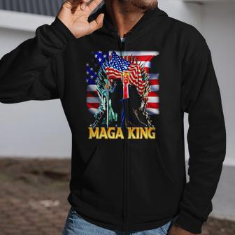 Trump King The Great Maga King American Flag Trump Seat On The Iron Throne Zip Up Hoodie | Mazezy
