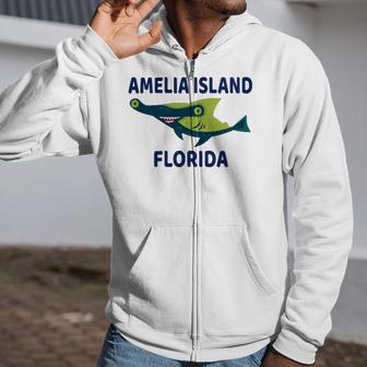 Amelia Island Florida Shark Themed Zip Up Hoodie | Mazezy