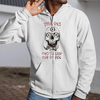 Marcos Alvarado Three Eyes Two To Look One To See Skull Zip Up Hoodie | Mazezy