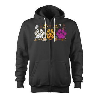 Funny Paw Print Halloween Dog Candy Pumpkin Ghost Dog Lovers Zip Up Hoodie - Seseable