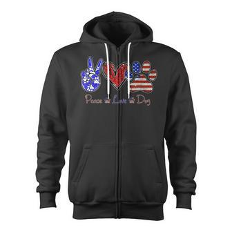 Peace Love Dog Lover American Flag Happy 4Th Of July Zip Up Hoodie - Seseable