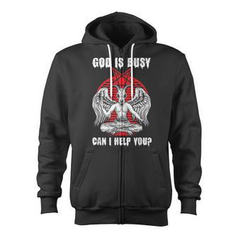 Satanic Goat Baphomet | Atheist | God Is Busy Can I Help You Zip Up Hoodie - Seseable
