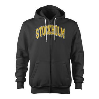 Stockholm Sweden Varsity Style Yellow Text Zip Up Hoodie | Mazezy