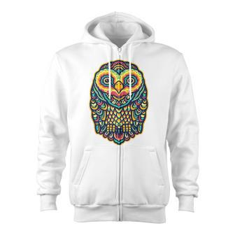 Psychedelic Owl Art Trippy Colors Colorful Rave Party Bird Zip Up Hoodie | Mazezy