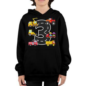 3Rd Birthday Party 3 Year Old Trucks Birthday Boy Youth Hoodie - Seseable