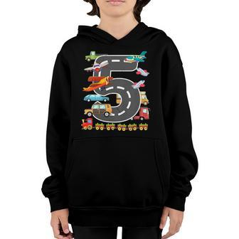 Kids Cute 5 Years Old Transportation Birthday Car Trains Plane 5 Transport Youth Hoodie | Mazezy CA