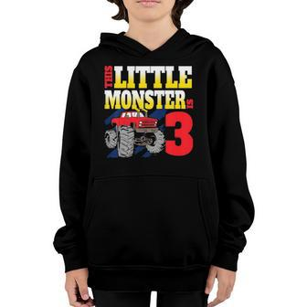 Kids Monster Trucks 3Rd Birthday Party Three Years Old Youth Hoodie | Mazezy