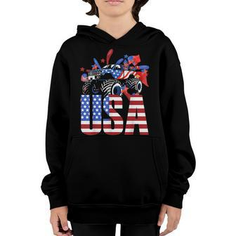 Monster Truck Toddler Boys Usa American Flag July 4Th Youth Hoodie - Seseable