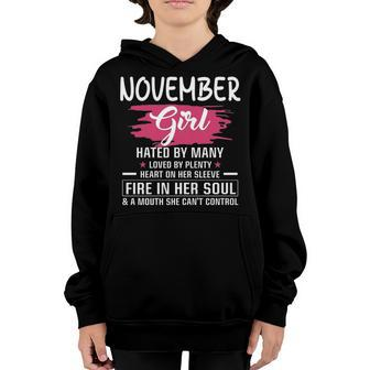 November Girl Birthday November Girl Hated By Many Loved By Plenty Heart On Her Sleeve Youth Hoodie - Seseable