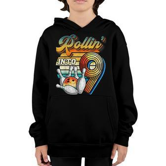 Rollin Into 9 Bowling Birthday Party 9Th Birthday Retro Girl Youth Hoodie - Seseable