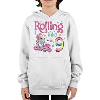 9Th Bday Rolling Into 9 Birthday Girl Roller Skate Party Youth Hoodie - Seseable