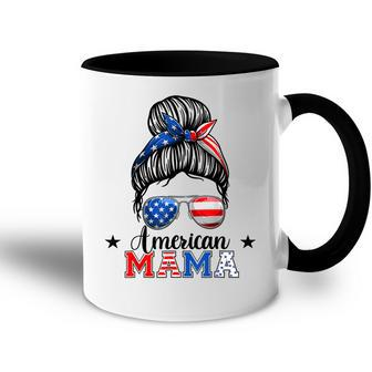 4Th Of July American Mama Messy Bun Mom Life Patriotic Mom Accent Mug - Seseable