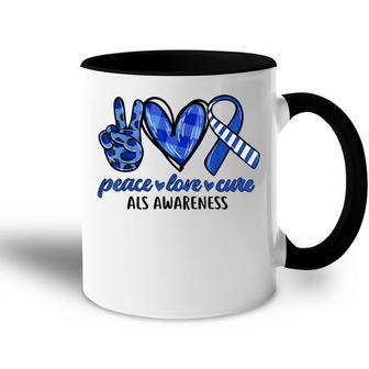 Peace Love Cure Blue & White Ribbon Als Awareness Month V2 Accent Mug - Seseable