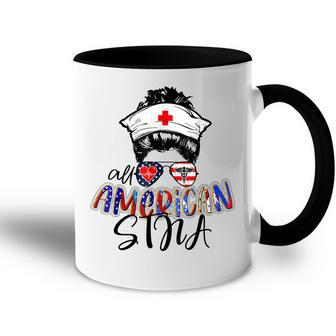 Stna All American Nurse Messy Buns Hair 4Th Of July Day Usa Accent Mug - Seseable