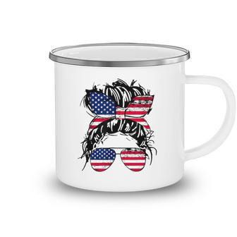 4Th Of July American Flag Patriotic Daughter Messy Bun Usa Camping Mug | Mazezy
