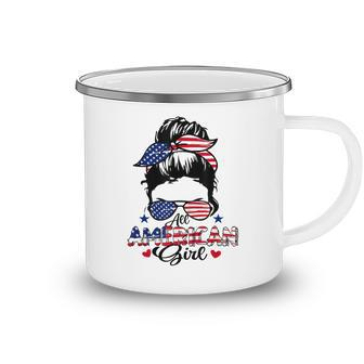 All American Girls 4Th Of July Messy Bun Patriotic Camping Mug - Seseable