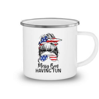Funny Messy Bun Having Fun American Flag Merica 4Th Of July Camping Mug | Mazezy