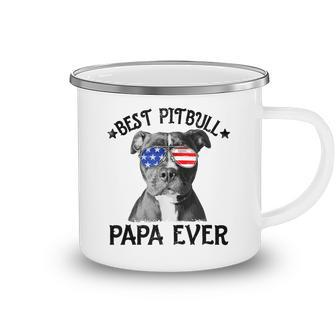 Mens Best Pitbull Papa Ever Dog Dad American Flag 4Th Of July Camping Mug - Seseable