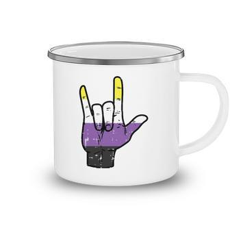 Nonbinary I Love You Hand Sign Language Enby Nb Pride Flag Camping Mug | Mazezy