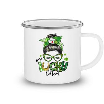 One Lucky Cna Messy Bun Shamrocks St Patricks Day Camping Mug | Favorety