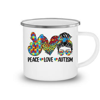 Peace Love Autism Mom Life Messy Bun Blue Autism Awareness Camping Mug | Favorety