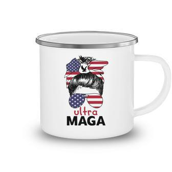 Ultra Maga American Flag Womens Messy Bun Wearing Glasses Camping Mug - Monsterry DE