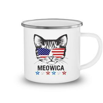Womens 4Th Of July American Flag Cat Meowica V-Neck Camping Mug | Mazezy